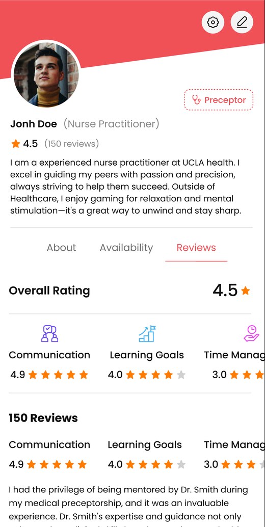 CAUHEC Connect preceptor profile screen with reviews and ratings